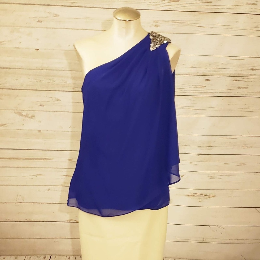 JS Collections navy blue one shoulder blouse